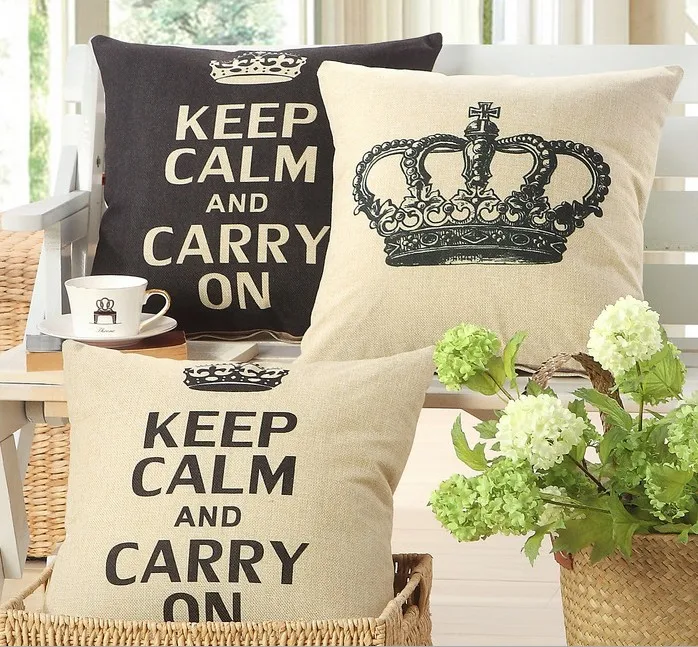 Keep Calm And Carry On Crown Queen Coussin Cover Cotton Linen