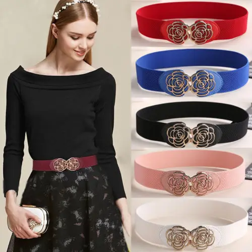 

2019 Women's lady Metallic Retro Flower Elastic Stretchy Dress Narrow Waist Belts