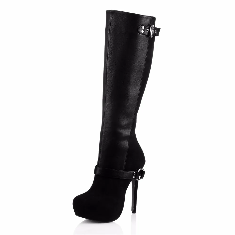 

Women Fashion Boots High Thin Heels Ladies Party Boots Hot Sale Mixed Colors Buckle Strap PU Patent Leather Flock Fabric Pointed