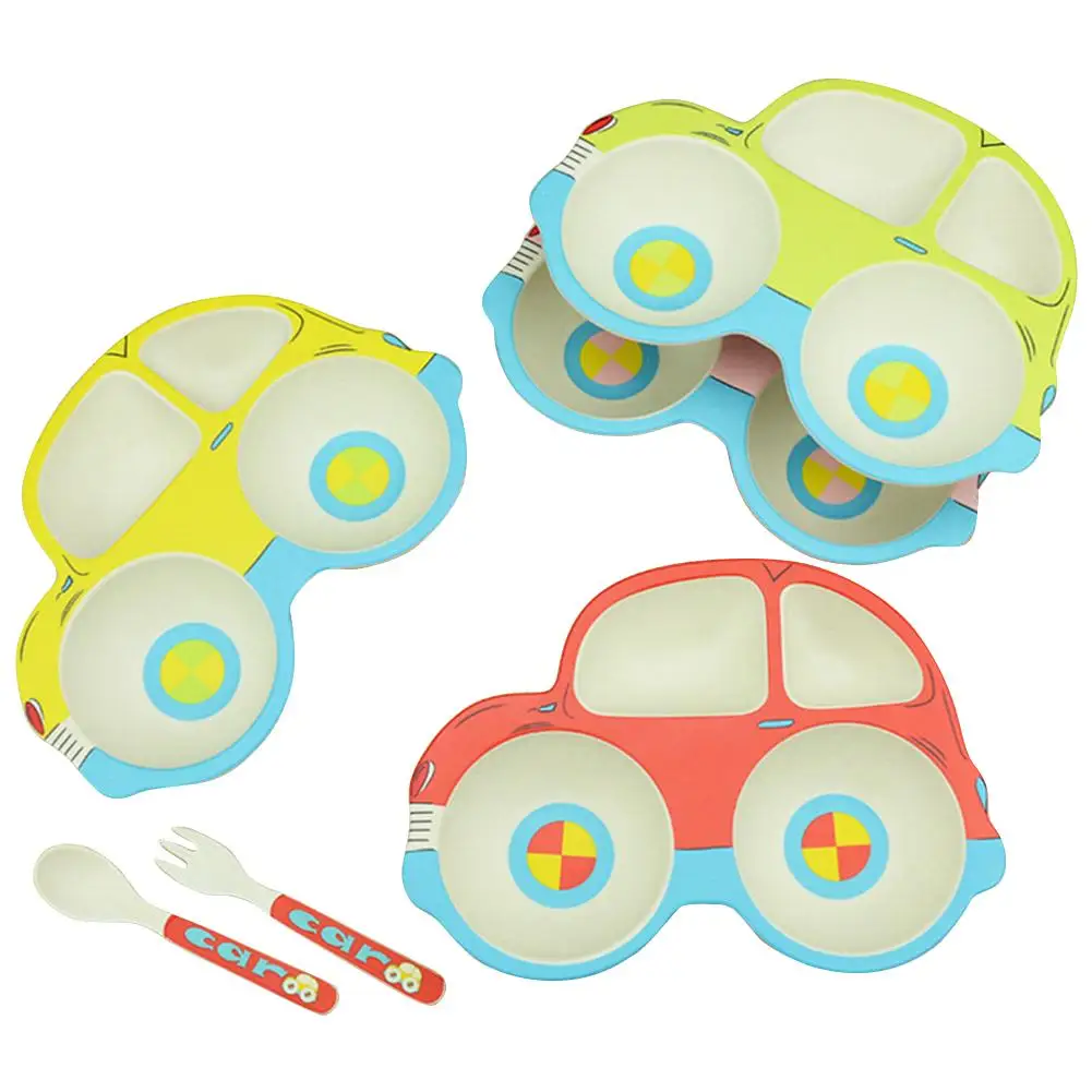 Infant Bamboo Fiber Feeding Plate Cute Car Shaped Wheat Straw Tableware For Baby Kids Dishes Children Plates With Spoon Fork Set Infant Bamboo Fiber Feeding Plate Cute Car Shaped Wheat Straw Tableware For Baby Kids Dishes Children Plates With Spoon Fork Set