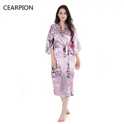 CEARPION длинные Femme атлас халат соблазнительное кимоно платье Ночная одежда Для женщин цветок и Павлин халат пижамы белье домашняя одежда