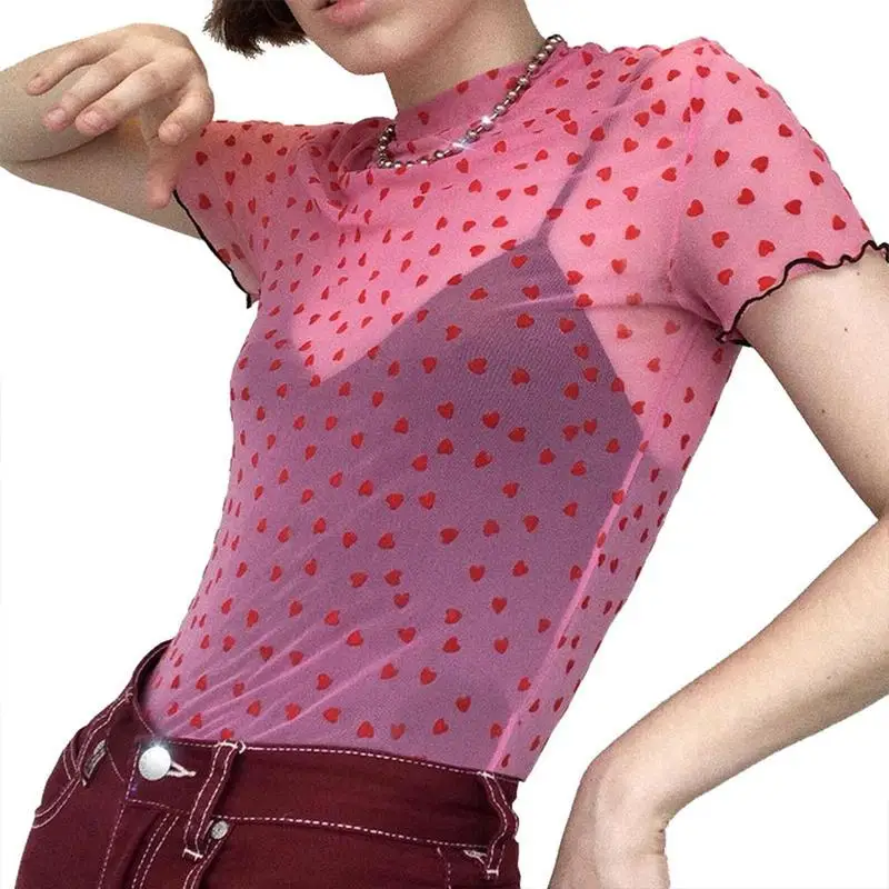 

Mesh Top T-shirt Sexy Pink Sweet Women Top Heart Print Transparent 2019 Summer T Shirt Short Sleeve Crop Tops Clothing