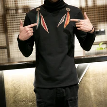 Men Winter T-shirt Thicken Velvet Embroidery Fashion Casual Turtleneck Tee Shirt Punk Style Male Warm Long Sleeve T-shirt