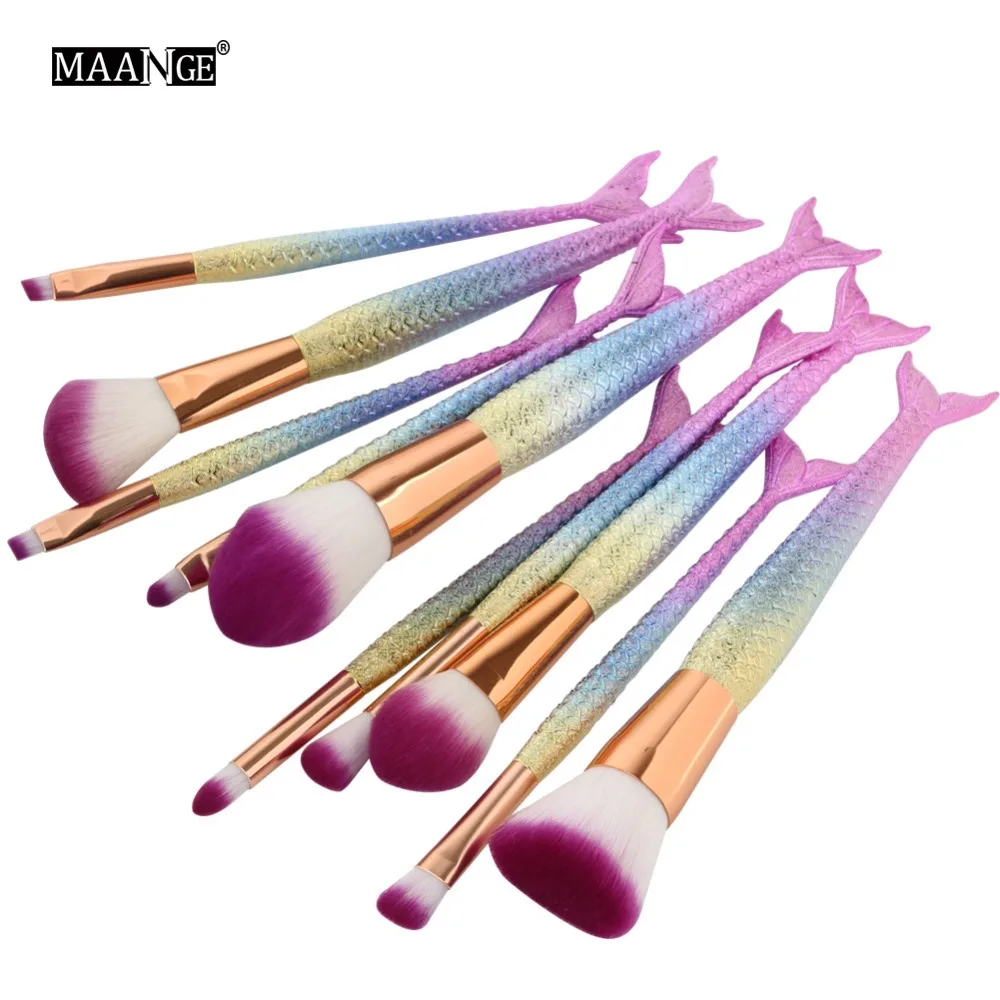 MAANGE 10PCS Mermaid Makeup Brushes Kit Eyebrow Eyeliner Blush Eye Shadow Contour Foundation Brush Set Cosmetic Make Up Tools | Красота и