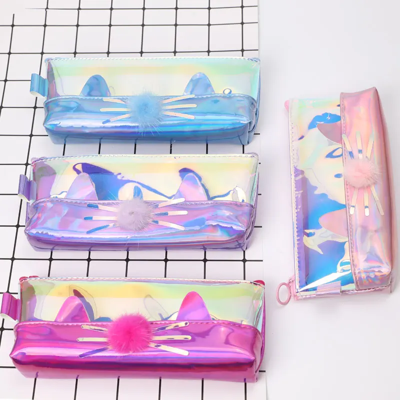 

TOPSTHINK Cute cat PVC pencil pouch clear transparent pencil bag pompom pencil case wholesale