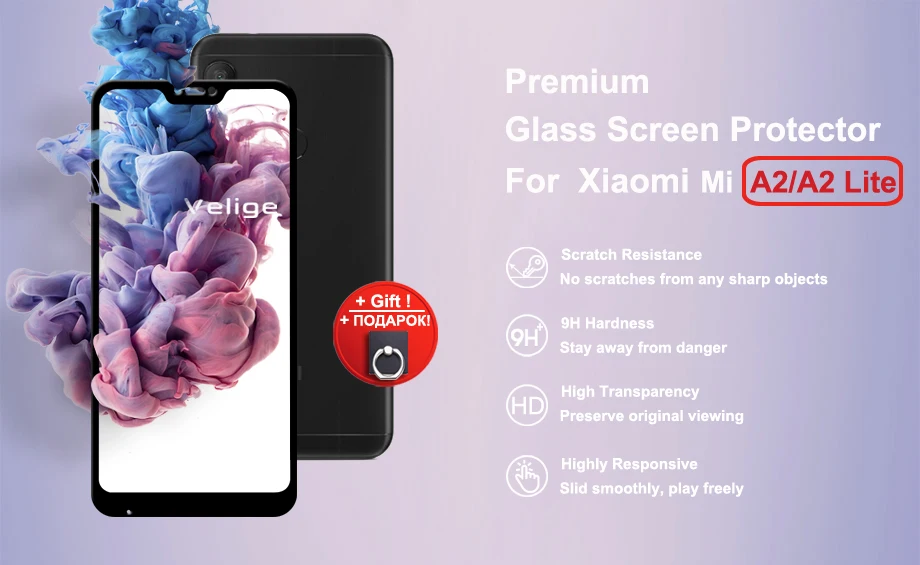 2 Pack Velige Screen Protector For Xiaomi Mi A2 Lite Xiomi MiA2 Lite Tempered Glass 2.5D Full Cover 9H Protective Glass Film (5)