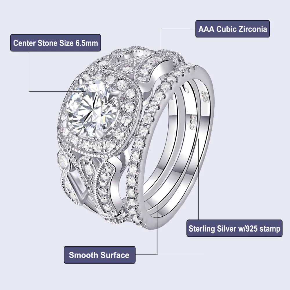 Newshe 3 шт наборы обручальных колец классические ювелирные изделия 925 пробы серебро 1Ct круглые AAA обручальные кольца с фианитами для женщин размер 5-12