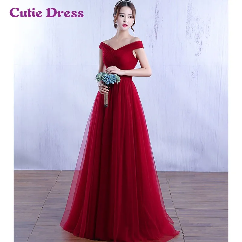 Fuera del Hombro Una Línea de Borgoña Vestidos de Noche Largos Simple Elegante de Tulle de