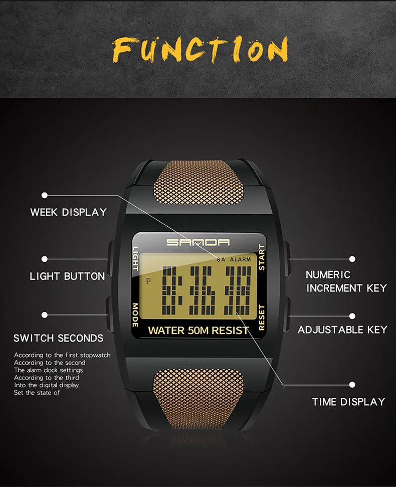 SANDA креативные СВЕТОДИОДНЫЕ Цифровые спортивные часы мужские водонепроницаемые военные часы для отдыха на открытом воздухе студенческие часы с будильником Relogio Masculino