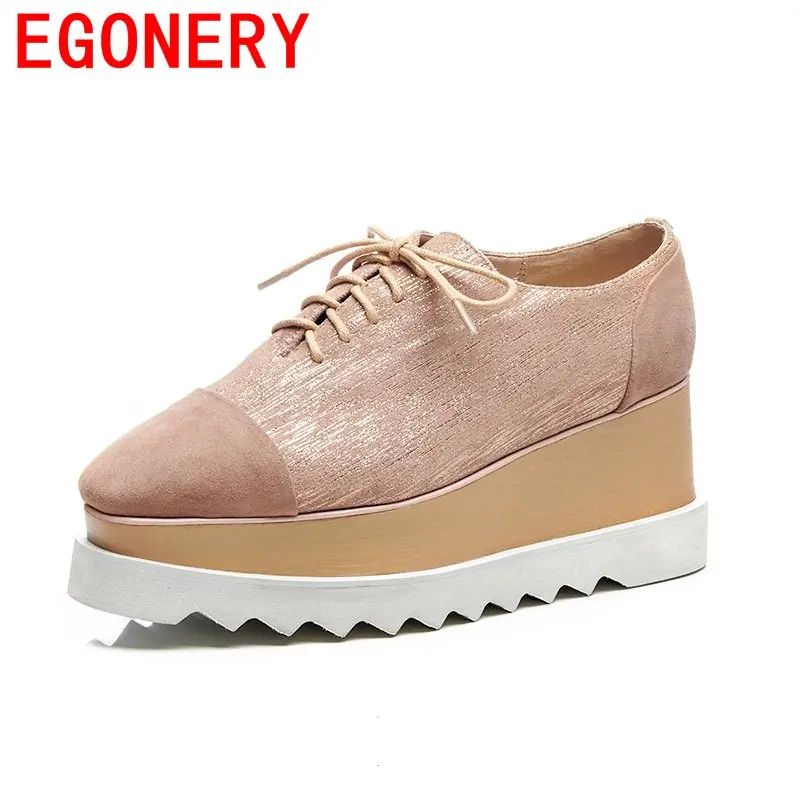 

EGONERY platform shoes cow suede square toe lace up wedges heels college girls leisure comfortable fashion mixed woman shoes