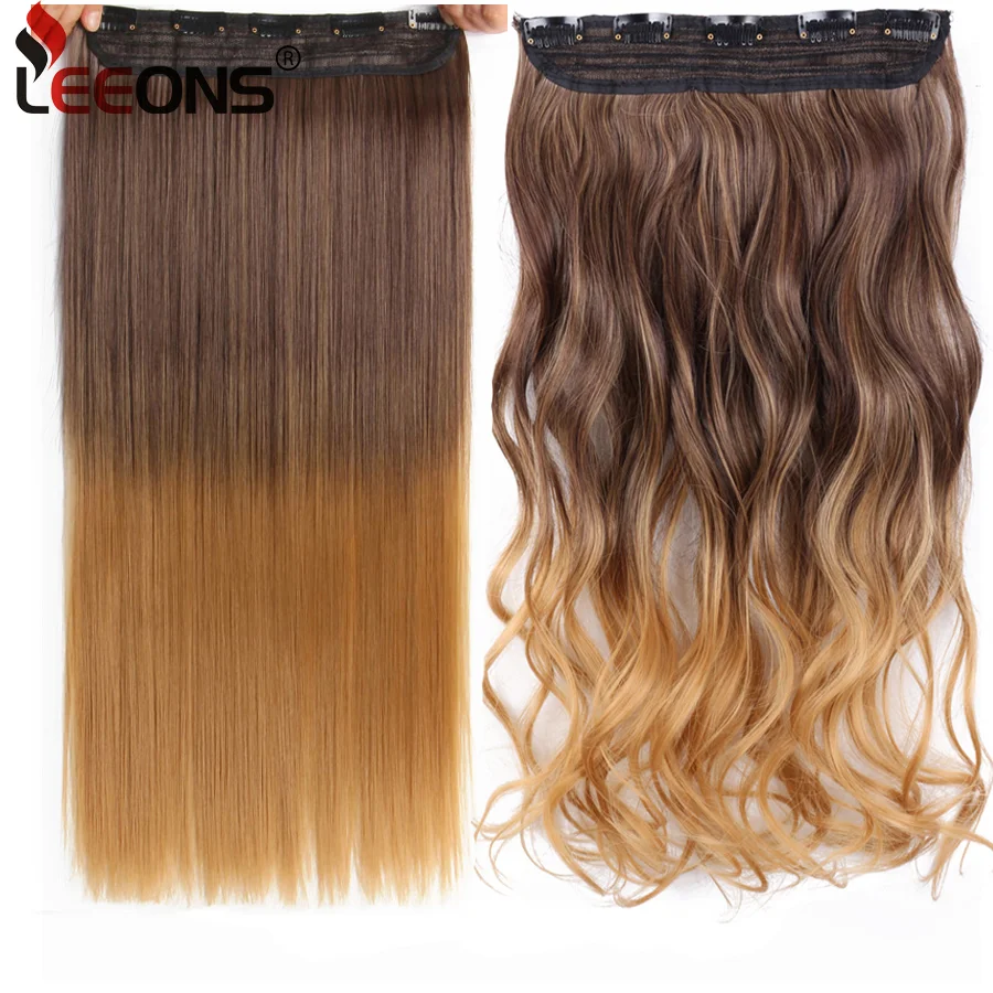 

Leeons 5 Clip In Hair Extension Heat Resistant Synthetic Hairpieces For Women Straight Extension Clip Long Fake Set Hair Ombre