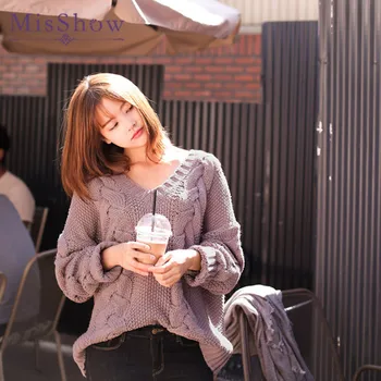 

MisShow 2019 Autumn Winter Loose Sweaters Knitted V Neck Long Sleeve Casual Jumper Ladies Solid Warm Feminine Coat