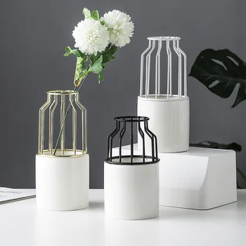 

Nordic Minimalism Large Size Ceramic Vase Wrought Iron Vases Simple Design Iron Frame Plant Inserted Flower Pot