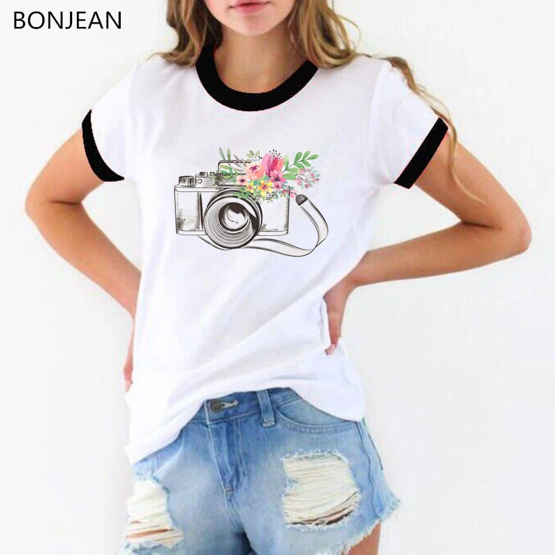 

2022 summer top flower camera printed t shirt women's short sleeve tshirt femme casual white t-shirt female streetwear tees