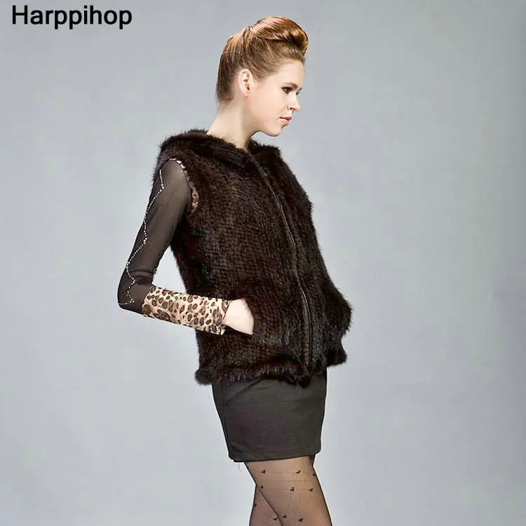 New Genuine knitted mink fur vest hooded mink fur vest warm winter fur coat