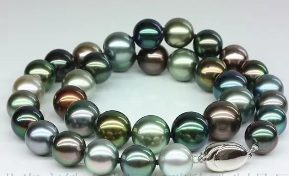 

18"11-13mm Tahitian genuine black peacock green multicolor round pearl necklace