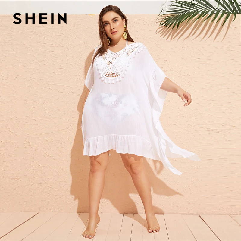 

SHEIN Plus Size White Ruffle Hem Cut Out Cover Up Without Lingerie Women Summer Half Sleeve Solid Boho Beach Longline Kimonos