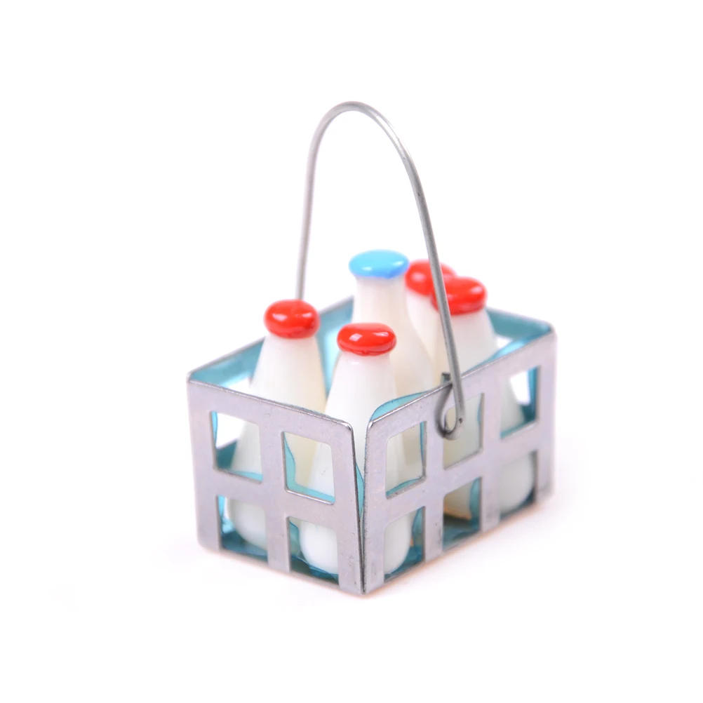 Dollhouse Furniture Miniature Metal Milk Basket with Bottles Set Dolls House Kitchen Porch Accs Decor Doll Accessories 5pcs 1/12