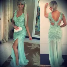 Sexy High Split Light Green Lace Prom font b Dresses b font 2016 Beading V Neck