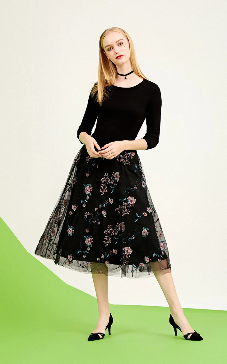 Vero Moda summer new style with mesh gauze embroidery A-line three-quarter sleeve round neck dress | 318146505