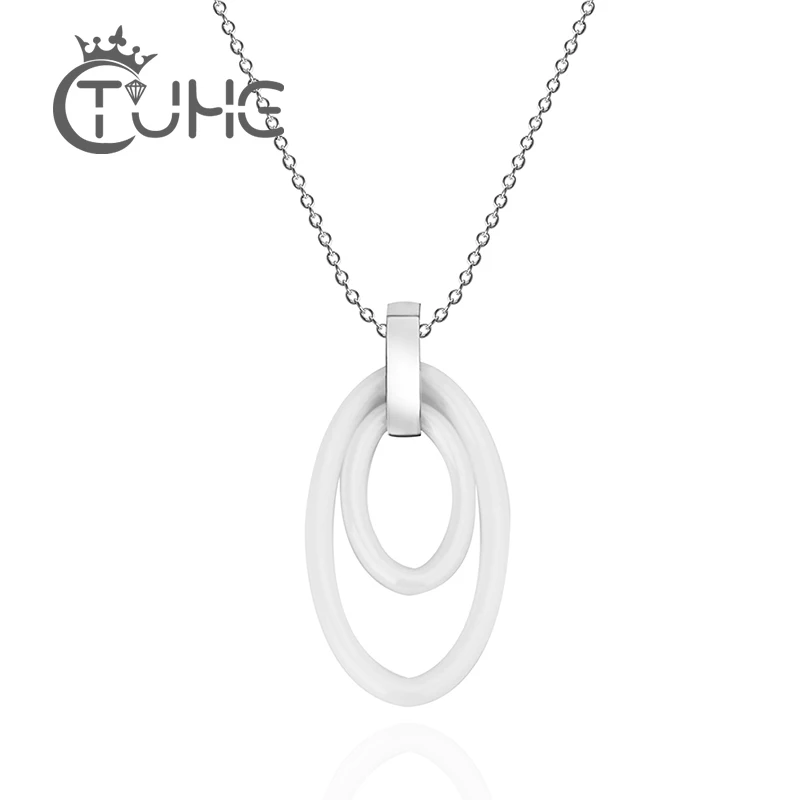 

Double Ceramic Circle White Pendant Necklace Big Small Round Simple Style Good Quality Ceramic Jewelry For Women With Free Chain