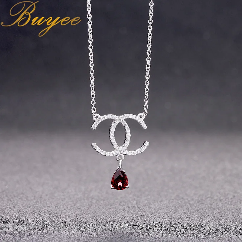 BUYEE 925 Sterling Silver Women Luxury Necklace full Zircon Double C Pendant with Drop Water Red