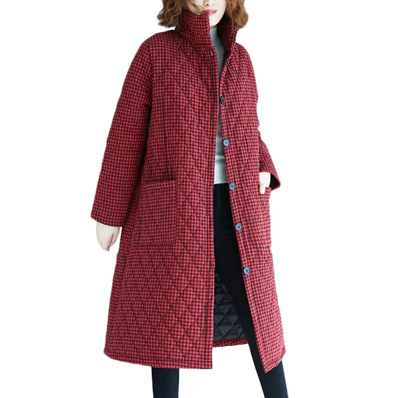 

Winter New Cotton coat Women Retro long Plaid Warm Down cotton Jacket Women's Loose Standing collar Thick Casual Parkas F786