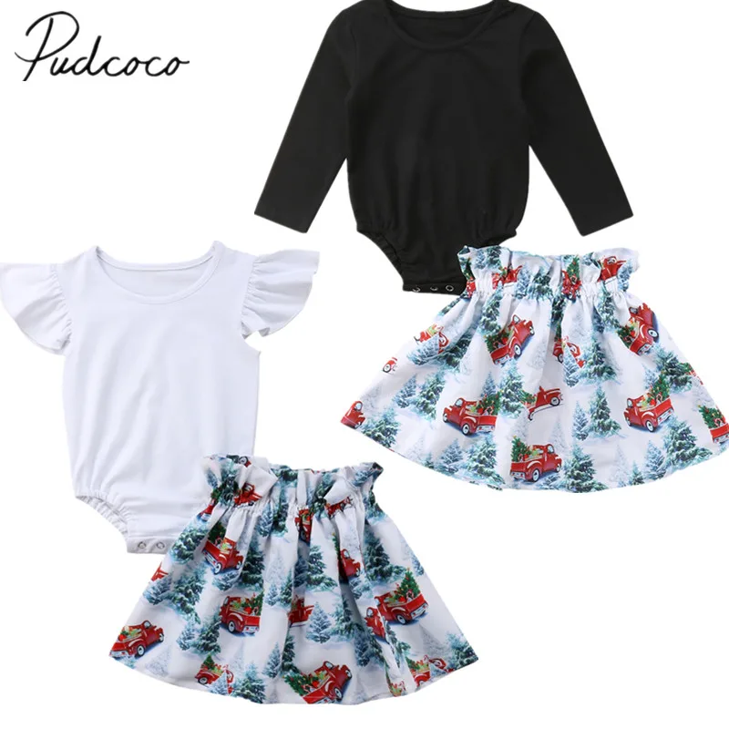 

2018 Brand New Xmas Princess Toddler Baby Girls Clothes 2PCS Ruffles Sleeve Solid Romper Tops Cartoon A-Line Skirts Outfit 6M-5Y