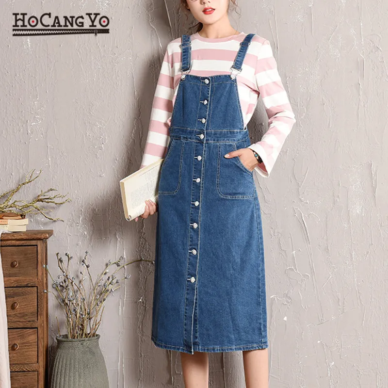 HCYO Plus Size 5XL Women Denim Dress Spring Autumn Spaghetti Strap Dresses Women Loose Casual Long Denim Sundress Overalls Dress