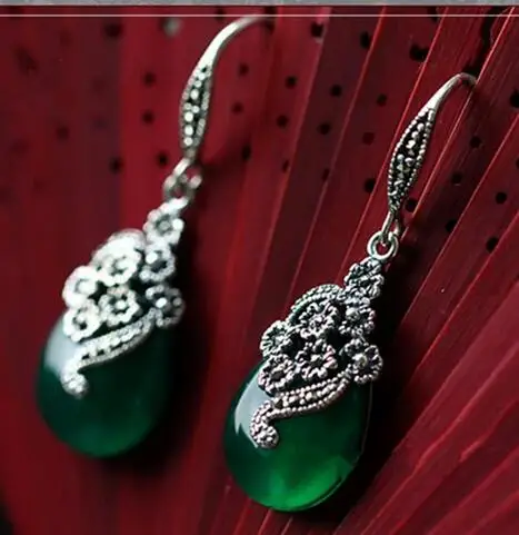 

Lady's Vintage Marcasite earrings nature stone 925 Thai silver jewelry for women must have brides bread silver big earrings