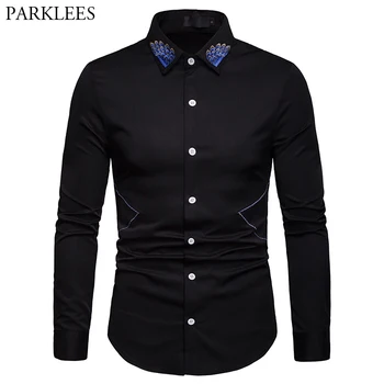 

Men's Hipster Peacock Embroidery Slim Fit Shirt Brand Long Sleeve Black Mens Dress Shirts Casual Button Down Male Social Shirt