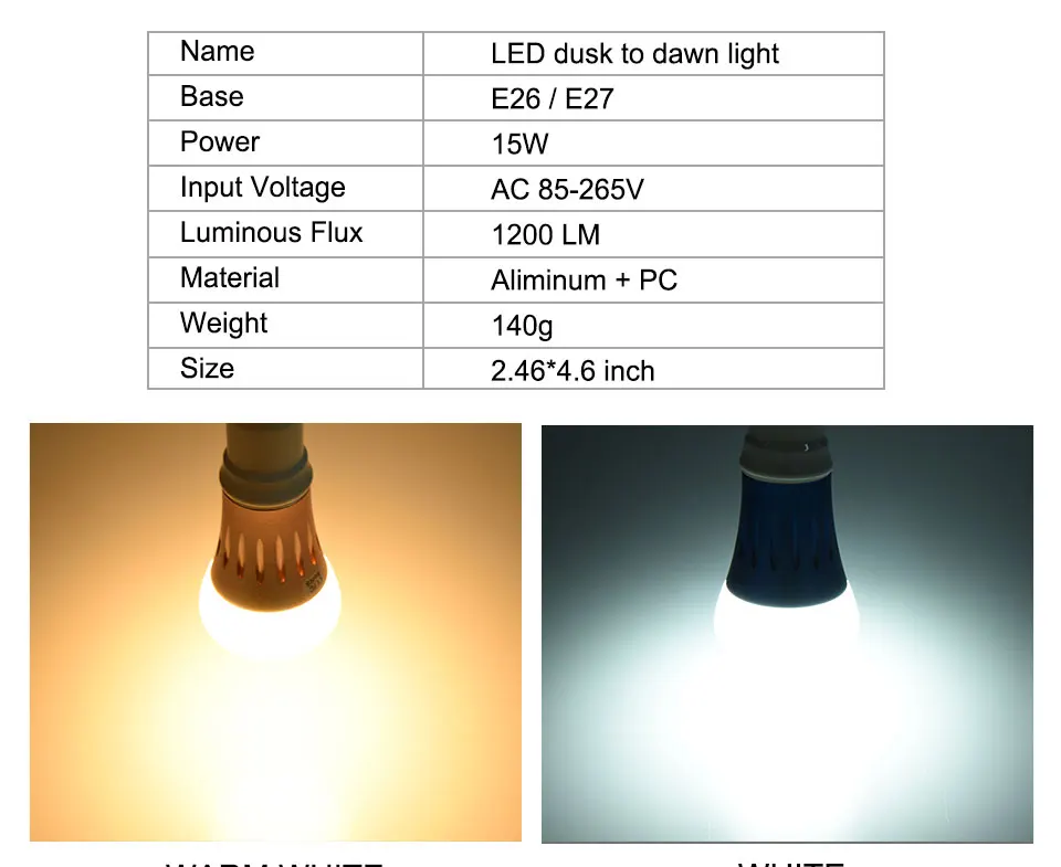 LED Sensor Bulb E27 15W AC220V 110V Dusk To Dawn Light Bulb Day Night Light LED Sensor Lamp For Christmas Home Outdoor Lighting (3)