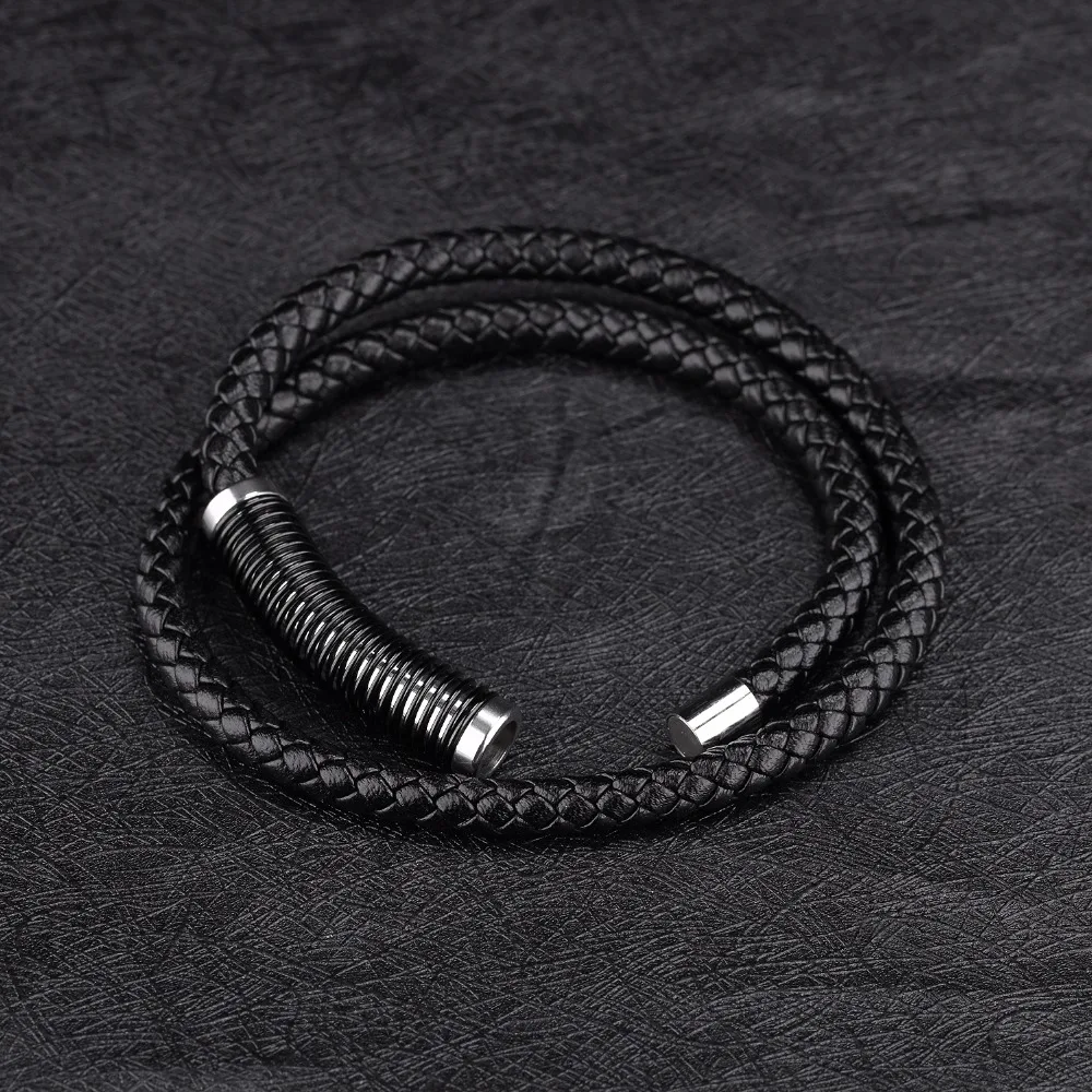 FATE LOVE Punk Male Men Black Leather Bracelet Bangle Wristlet Bracelete with Stainless Steel Charm Fashion Jewelry