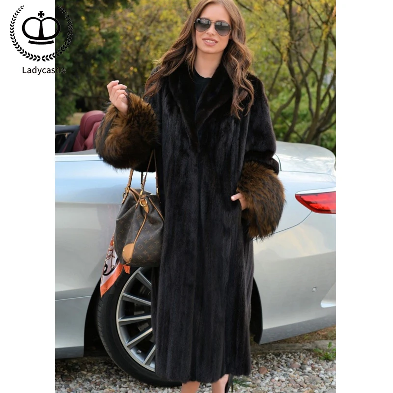 

120CM X-long Full Pelt Mink Fur Coats For Women Creative Raccoon Dog & Fox Fur Cuff Real Mink Jackets Outer Garment Tops MKW-206