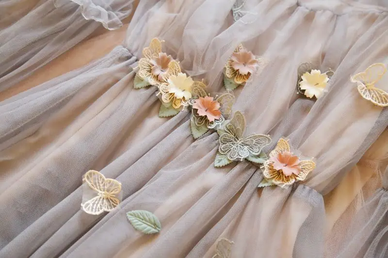Vestido de festa, Осеннее женское платье принцессы, 2 предмета, Цветочная вышивка, три четверти, рукав-фонарик, сетчатые вечерние платья WF301