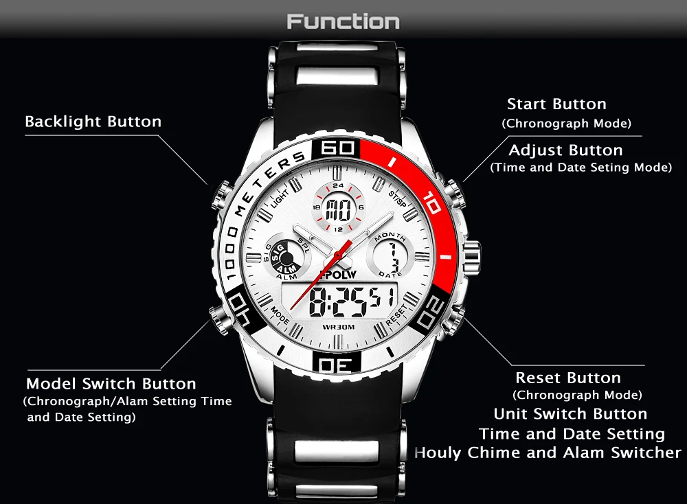 Readeel brand men sports watches 2 time zone man fashion watch rubber digital quartz wristwatches relogio masculino clock male