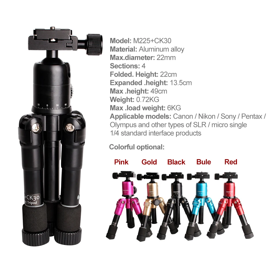 ALUMOTECH M225+ CK30 Портативный Алюминий штатив компактный рабочего стола штатив с Ballhead Для sony Canon цифровых зеркальных фотокамер Nikon Камера