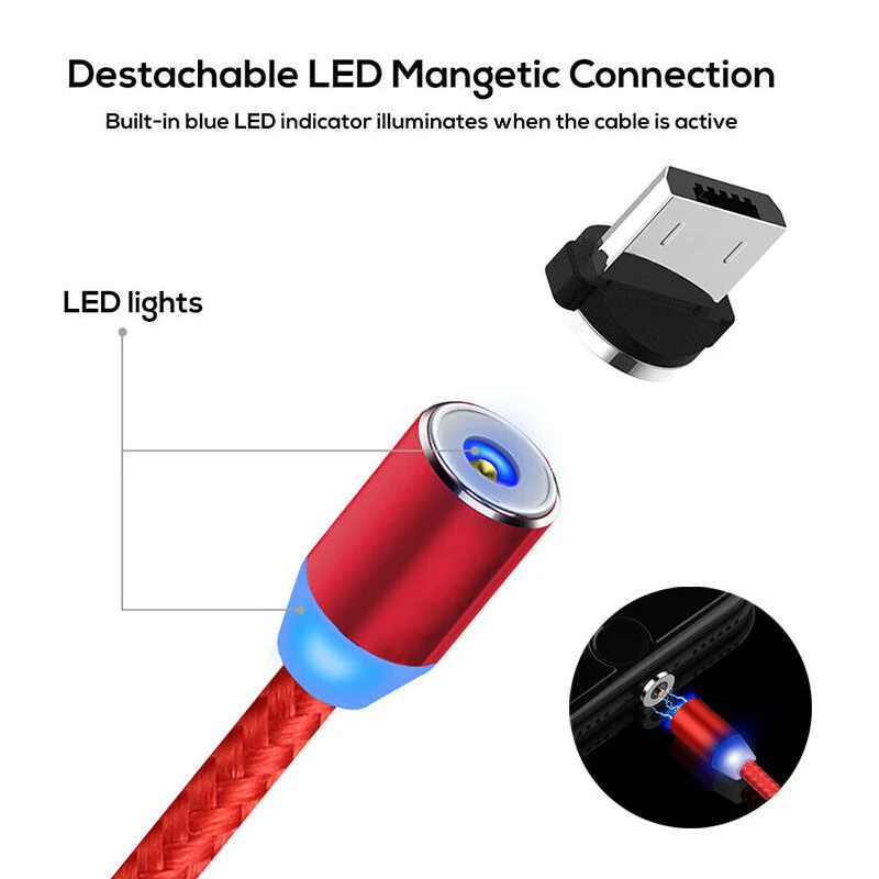 1 м 2 3 360 градусов светодиодный круглый нейлоновый Магнитный Micro USB/Type C/IOS кабель