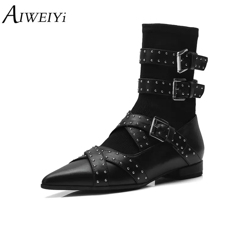

AIWEIYi Martin Boots for Women Black Pointed toe Thick Heel Shoes Low Heels Slip On Autumn Winter Ankle Boots Black Booties