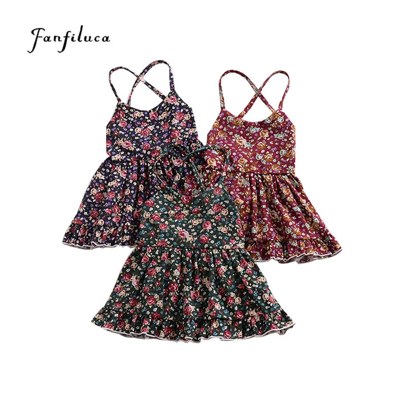 

Fanfiluca Toddler Girl Cotton Dresses Vintage Floral Dress With Backless Summer Cross Strap Floral Bohemian Dresses For 3T Kids