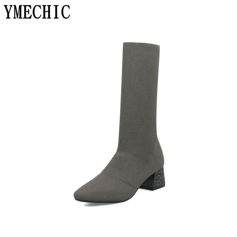 Женские вязаные сапоги до середины икры YMECHIC Осень зима 2018 высокие блестящие на