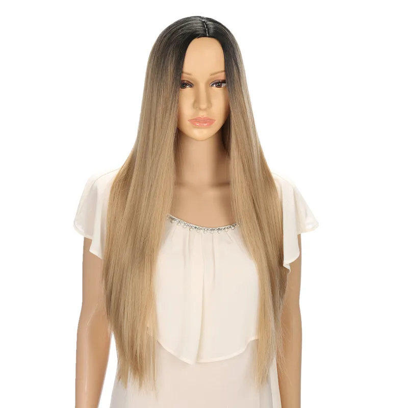 

GRES Women Long Straight Middle Parting Machine Made Wigs High Temperature Fiber Lady Ombre Blonde 30inch Synthetic Headgear