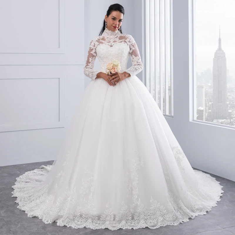 High Neck Iiiusion Back Long Sleeve Lace Ball Wedding Dress