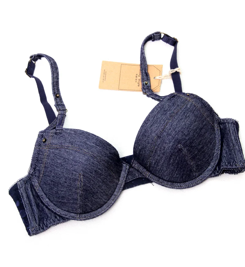 Underwear denim deep V neck concentrated fashion push up bra small cup