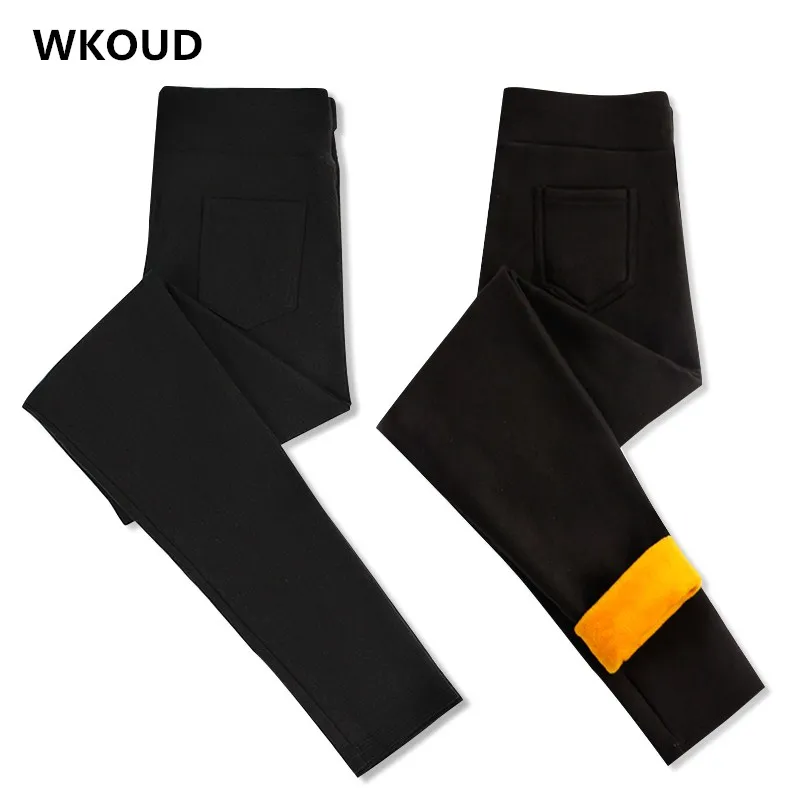 

WKOUD High Waist Pencil Pants For Women 3 Buttons Black Solid Skinny Warm Leggings Female Casual Trousers Winter Footless P8498