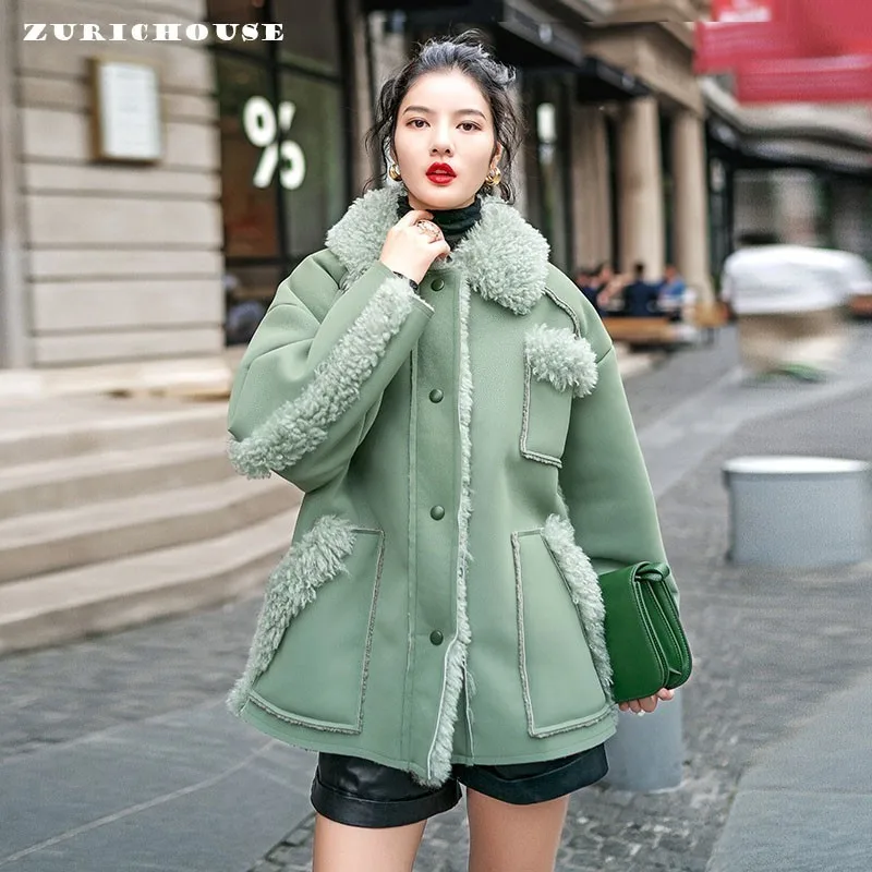 ZURICHOUSE бренд Для женщин Искусственная кожа меховые куртки зима модная куртка с хлопковой подкладкой, двухсторонняя одежда утолщенные теплые из искусственной кожи пальто из овечьей шерсти