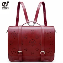 ECOSUSI New 15.3” PU Leather Retro Women Messenger Bags Famous Designer Shoulder Bag Hollow Laptop School Bag Fashion 2019