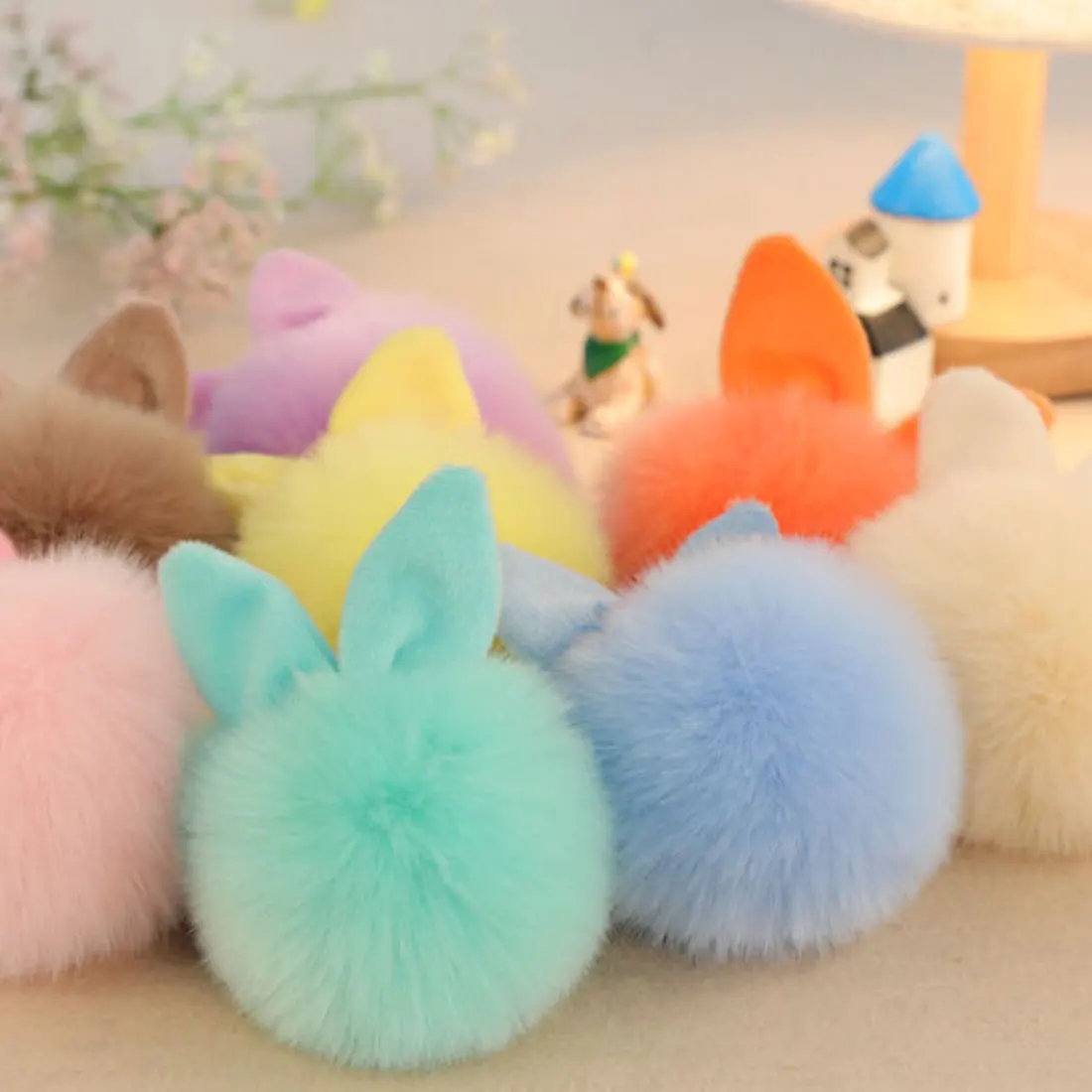 

Faux Pink Rabbit Ear Keychain Pompom Fur Cartoon Ball KeyHolder Fluffy Artificial Rabbit Fur Key Chain Women Car HandBag Keyring