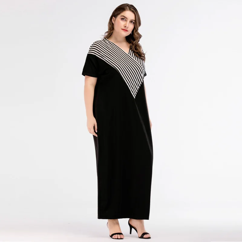 Summer Cotton Casual Maxi Dress Striped Loose Indian Abaya Black Short ...