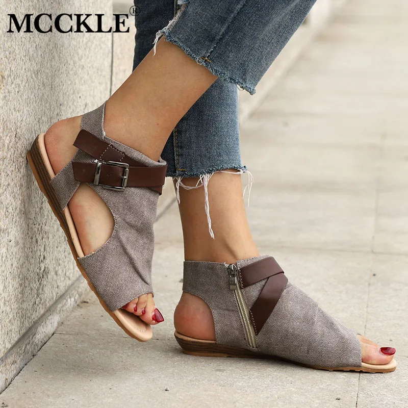 

MCCKLE Female Sandals Denim Gladiator Casual Flat Shoes Summer Clogs Buckle Zipper Woman Peep Toe Sandal For Ladies Shoe